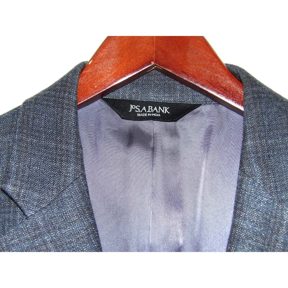 Jos. A. Bank SIGNATURE 2 Button Gray/Blue Plaid Silk/Wool Blazer Men's 44R